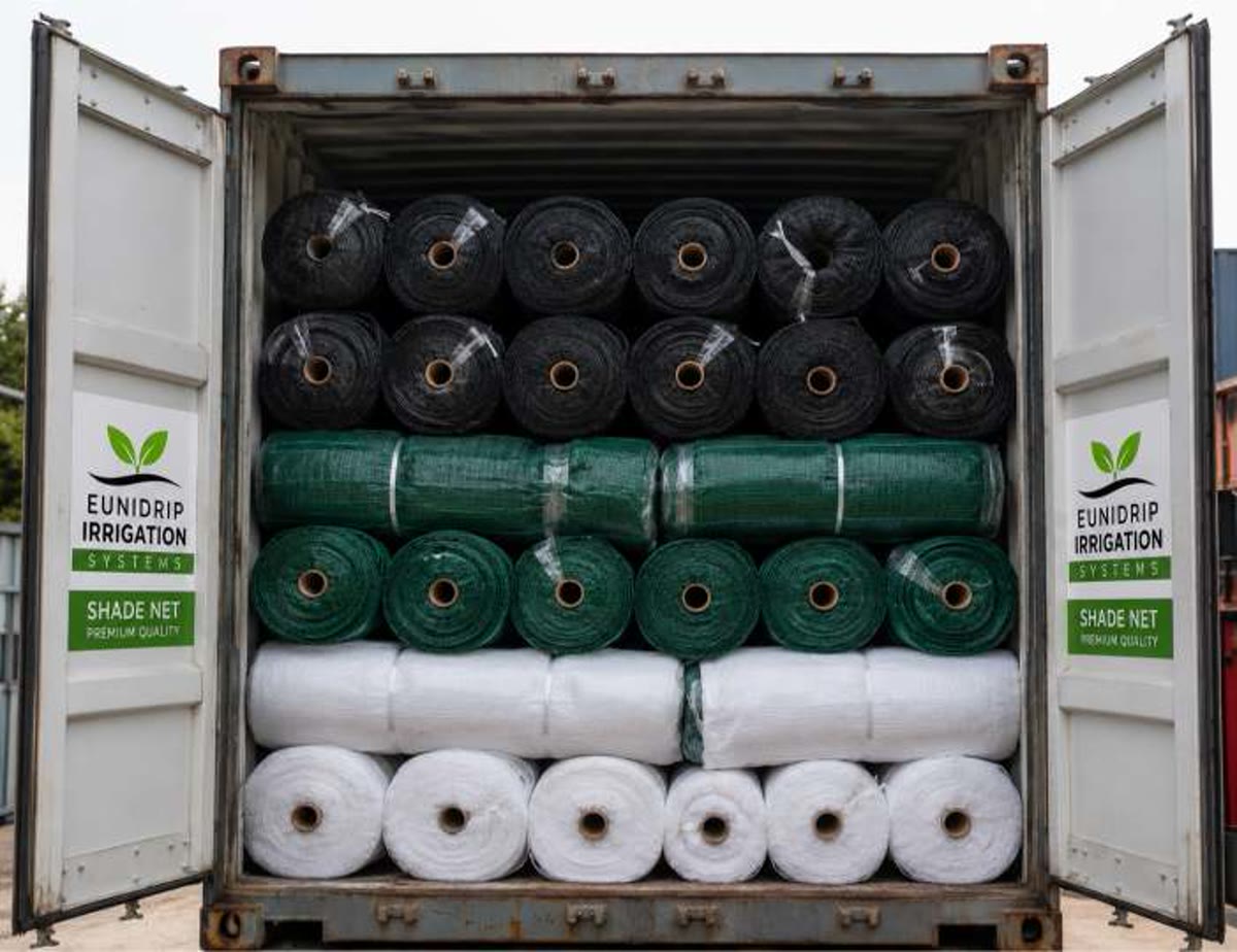 Container stocked with Eunidrip premium quality shade net rolls ready for delivery in Kenya